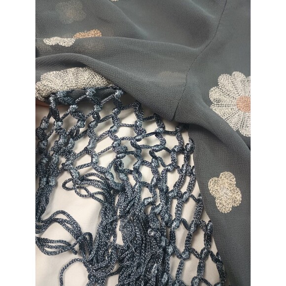 Hagel Sz L Gray Chiffon Open Front Cover Up Top Floral Kimono Tasseled - Picture 7 of 12